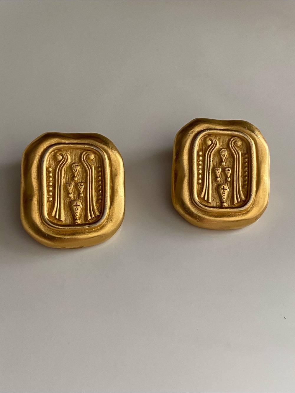 Carolee Etruscan Egyptian Cartouche  Embossed Clip-On Earrings